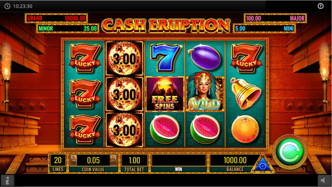 Cash Eruption slot basspel visar vulkanlandskap med lavaflöden och eldsymboler