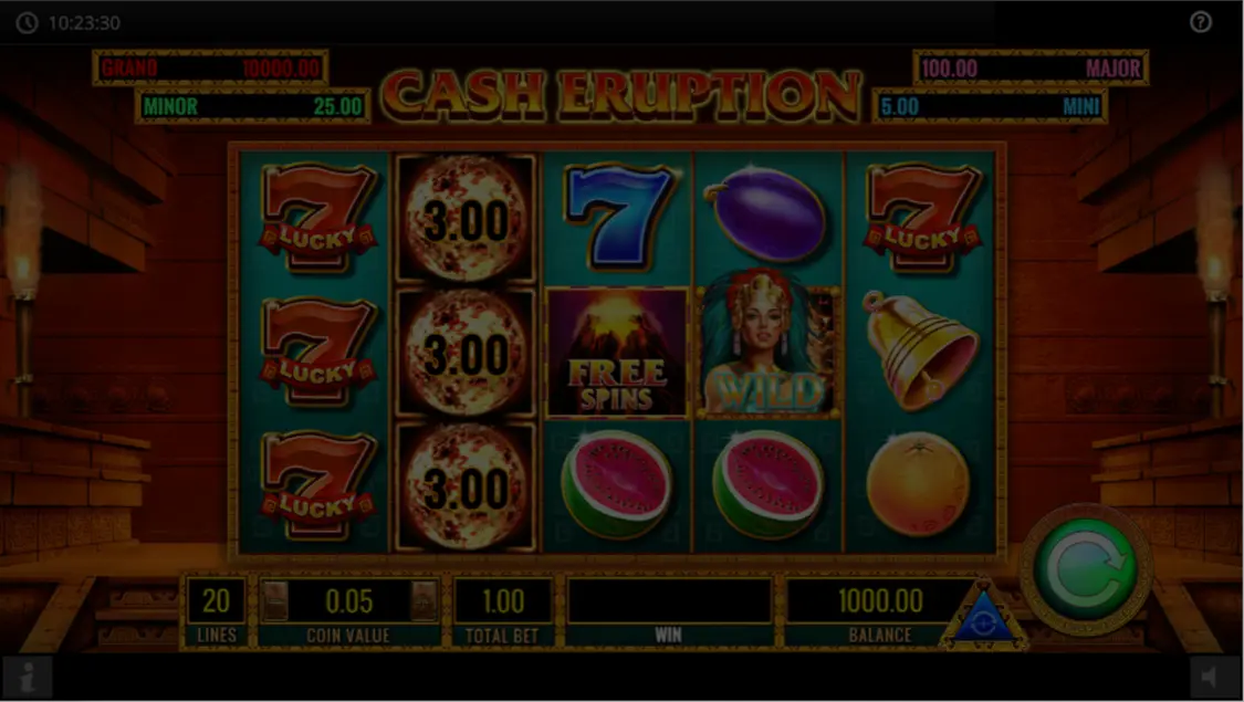 Cash Eruption slot demo-spelfönster med vulkanlandskap och eldsymboler