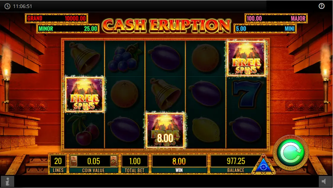 Cash Eruption freespins utlöses med vulkan-scatter-symboler på hjulen
