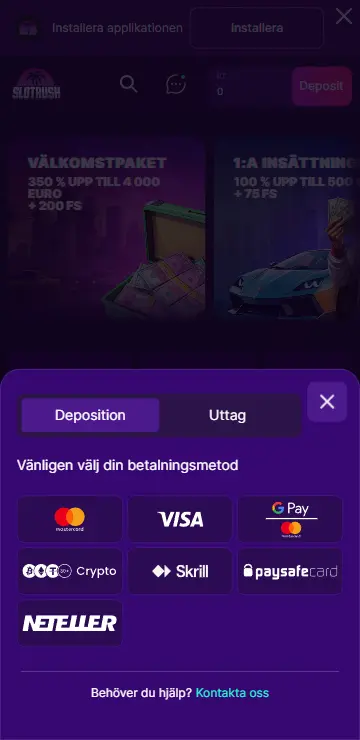 Insättningsgränssnitt med Swish och Trustly för Cash Eruption casino