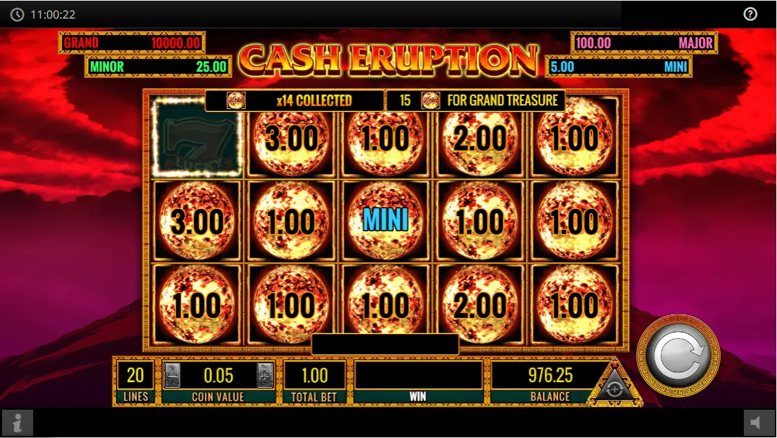 Cash Eruption casino respins-mekanism med låsta eldklot och räknare