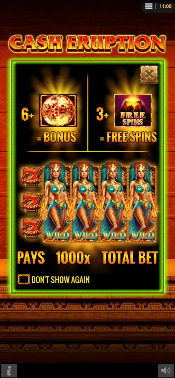 Cash Eruption maxvinst firande-skärm med total utbetalning